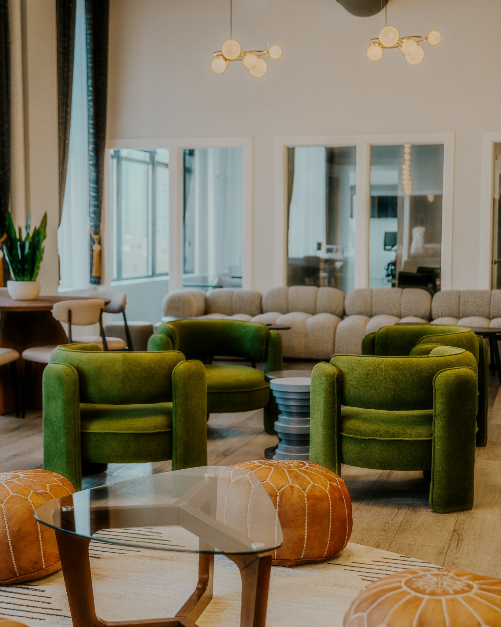 Green lounge chairs at the River North clubhouse